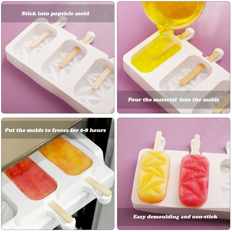 Sakolla 2 Pack Silicone Popsicle Molds, 4 Cavities Diamond Ice Cream Molds with 50 Wooden Sticks for Ice pop, Cake Pop, Cakesicles (White) - Image 5
