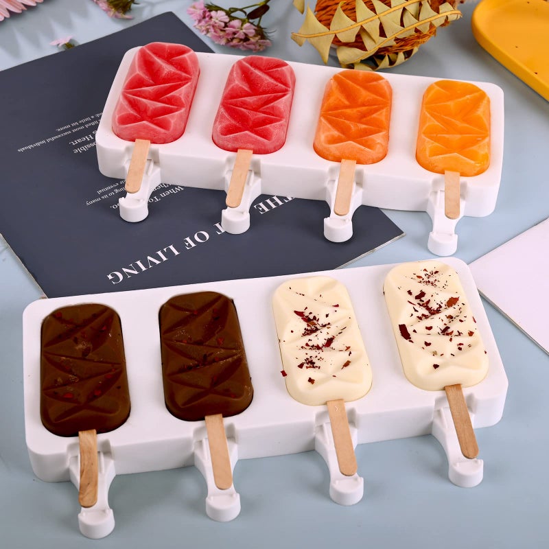 Sakolla 2 Pack Silicone Popsicle Molds, 4 Cavities Diamond Ice Cream Molds with 50 Wooden Sticks for Ice pop, Cake Pop, Cakesicles (White) - Image 3