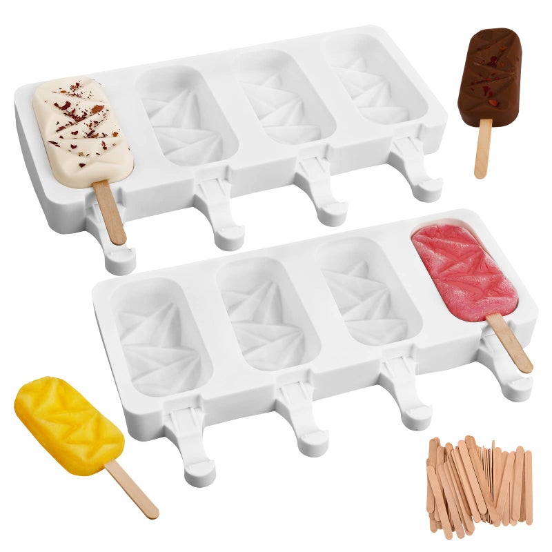 Sakolla 2 Pack Silicone Popsicle Molds, 4 Cavities Diamond Ice Cream Molds with 50 Wooden Sticks for Ice pop, Cake Pop, Cakesicles (White) - Image 1