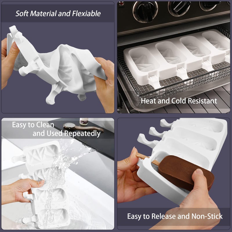 Sakolla 2 Pack Silicone Popsicle Molds, 4 Cavities Diamond Ice Cream Molds with 50 Wooden Sticks for Ice pop, Cake Pop, Cakesicles (White) - Image 4