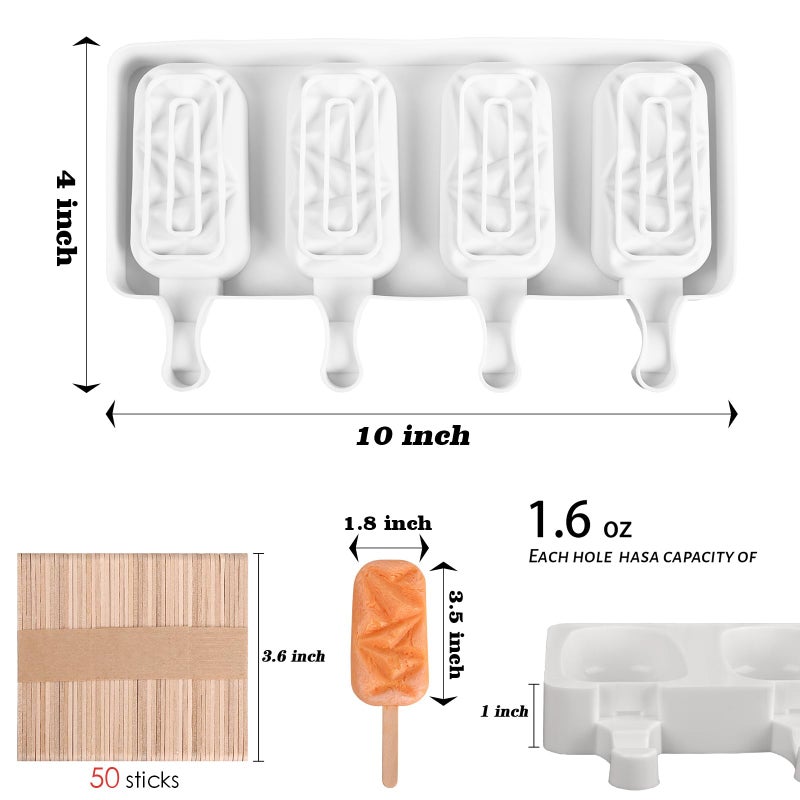 Sakolla 2 Pack Silicone Popsicle Molds, 4 Cavities Diamond Ice Cream Molds with 50 Wooden Sticks for Ice pop, Cake Pop, Cakesicles (White) - Image 2