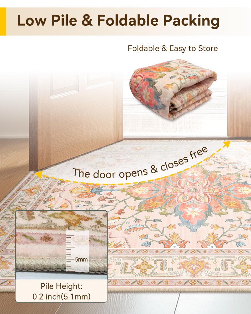 RELEANY Area Rugs 2'x10' Washable Non-Slip  Floral Vintage Distress Print Pattern Medallion Carpet for Living Room Bedroom Dining Room  Light Pink Colorful - Image 5