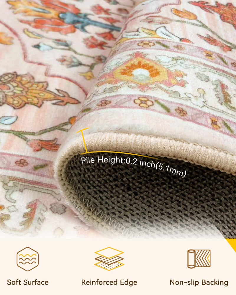 RELEANY Area Rugs 2'x10' Washable Non-Slip  Floral Vintage Distress Print Pattern Medallion Carpet for Living Room Bedroom Dining Room  Light Pink Colorful - Image 3