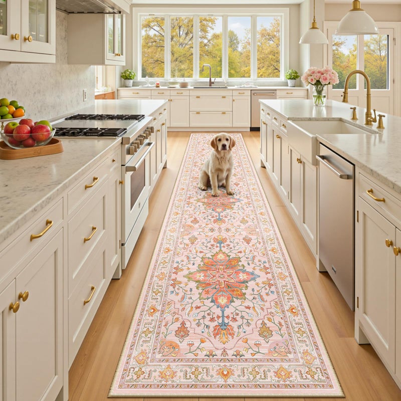 RELEANY Area Rugs 2'x10' Washable Non-Slip  Floral Vintage Distress Print Pattern Medallion Carpet for Living Room Bedroom Dining Room  Light Pink Colorful - Image 1