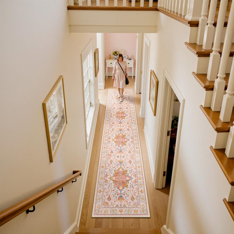 RELEANY Area Rugs 2'x10' Washable Non-Slip  Floral Vintage Distress Print Pattern Medallion Carpet for Living Room Bedroom Dining Room  Light Pink Colorful - Image 2