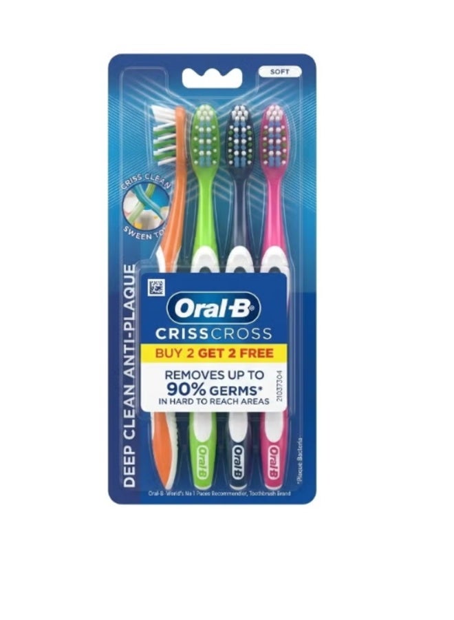 فرشاة أسنان يدوية ناعمة Oral-B Crisscross للبالغين - عبوة من 4، متعددة الألوان