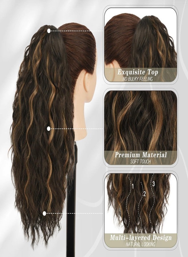 بارسدار وصلة شعر ذيل حصان بارسدار المميزة - وصلات شعر ذيل حصان بمشبك بطول 18 بوصة للنساء - وصلات شعر ذيل حصان صناعية متعددة الطبقات مجعدة ومموجة للاستخدام اليومي - بني داكن مع خصلات فاتحة - Image 3