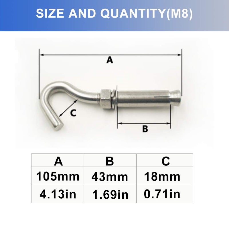 Amycheer M8 Open Cup Hook Expansion Bolt Screws 304 Stainless Steel Anchor Ceiling Hook Bolts Heavy Duty Bolts 5 Pack - Image 2