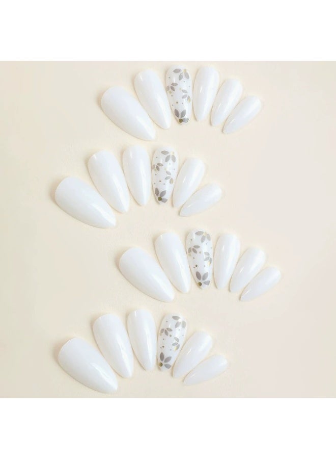Goolsky 24 قطعة أظافر زهرية بيضاء قابلة للتثبيت للنساء بطول طويل قابلة للتمديد والإزالة وإعادة الاستخدام، نصائح أظافر مزيفة لملحقات المانيكير - Image 2