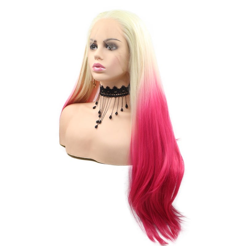 Blonde Pink Hair Multi-Colors Ombre Golden Lace Front Wig Long Natural Wavy Hair Free Part 180% Density Half Hand Tied Heat Resistant Fiber Hair for Women 24 inch