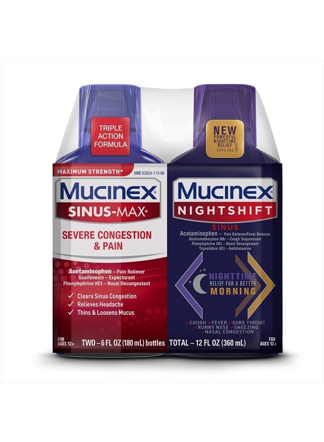 MUCINEX Maximum Strength Sinus-Max Severe Congestion & Pain & Nightshift Sinus Liquid, 6 Fl Oz (Pack of 2) - Image 1