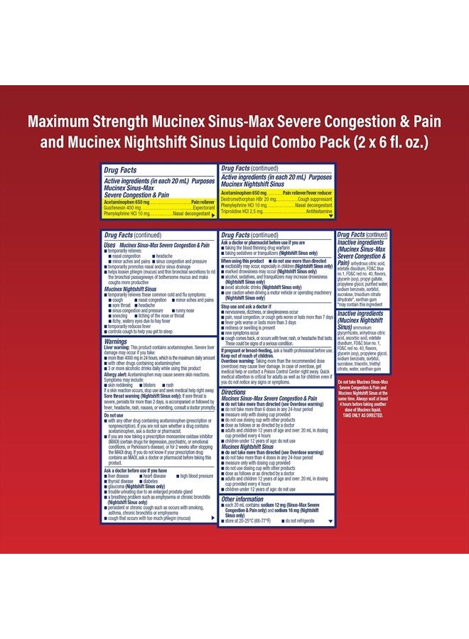 MUCINEX Maximum Strength Sinus-Max Severe Congestion & Pain & Nightshift Sinus Liquid, 6 Fl Oz (Pack of 2) - Image 2