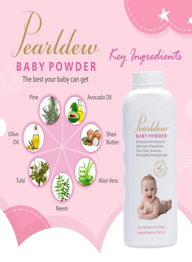 Pearldew Baby Powder 200 gm|with Tulsi, Neem, Aloe Vera, Shea Butter, Vitamin E, Avocado Oil, Pine Bark, Olive Extract, Pomegranate|Paraben Free|Alcohol Free|(200 gm - Pack of 1) - Image 4
