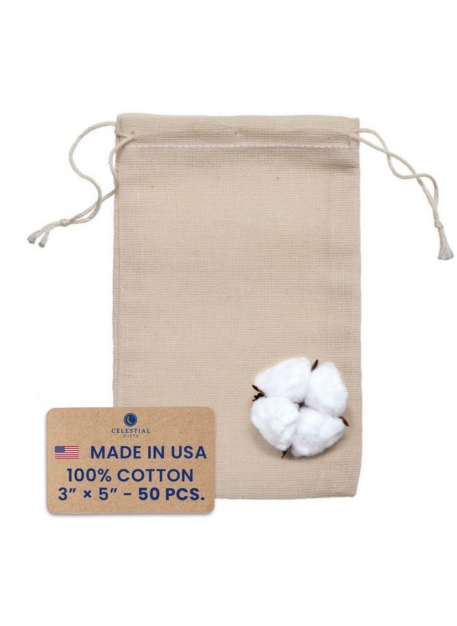 Celestial Gifts Muslin Bags Drawstring Bags Small 50Pcs 3X5 Reusable Tea Bags Jewelry Gift Spice And Cotton Gift Sachet Bags 100% Cotton Made In Usa (Natural Hem & Drawstring)  - Image 1
