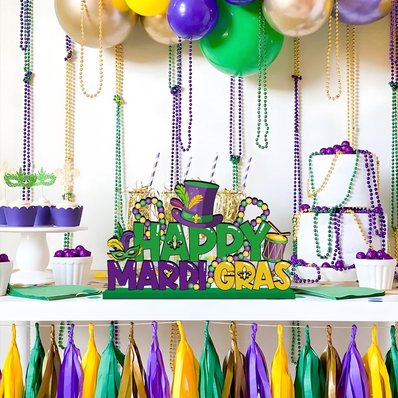CHYAGCLT Mardi Gras Decorations Wooden Table Centerpieces 11.8x7 Inches Happy Mardi Gras Table Decorations Carnival Tiered Tray Decor for Masquerade Party Decor - Image 2