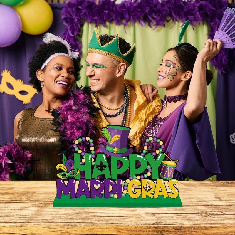CHYAGCLT Mardi Gras Decorations Wooden Table Centerpieces 11.8x7 Inches Happy Mardi Gras Table Decorations Carnival Tiered Tray Decor for Masquerade Party Decor - Image 5