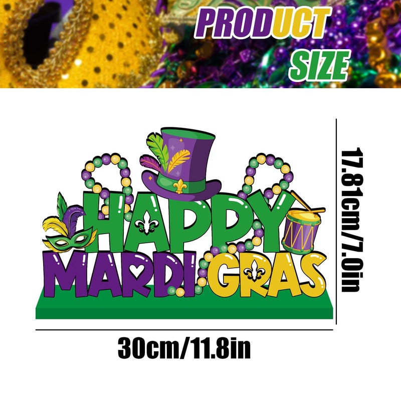 CHYAGCLT Mardi Gras Decorations Wooden Table Centerpieces 11.8x7 Inches Happy Mardi Gras Table Decorations Carnival Tiered Tray Decor for Masquerade Party Decor - Image 3