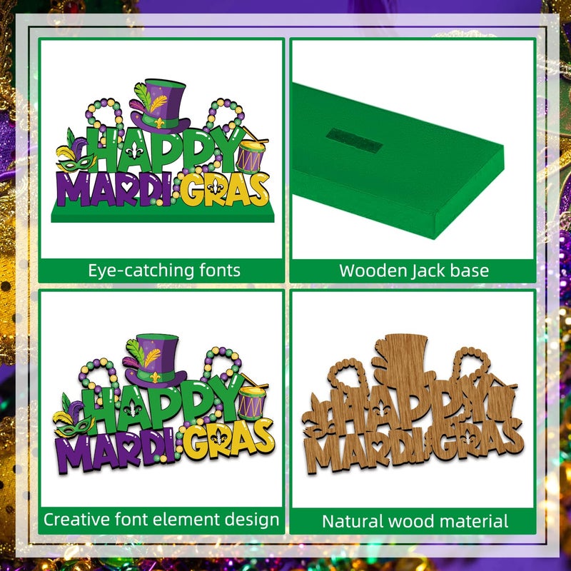 CHYAGCLT Mardi Gras Decorations Wooden Table Centerpieces 11.8x7 Inches Happy Mardi Gras Table Decorations Carnival Tiered Tray Decor for Masquerade Party Decor - Image 4
