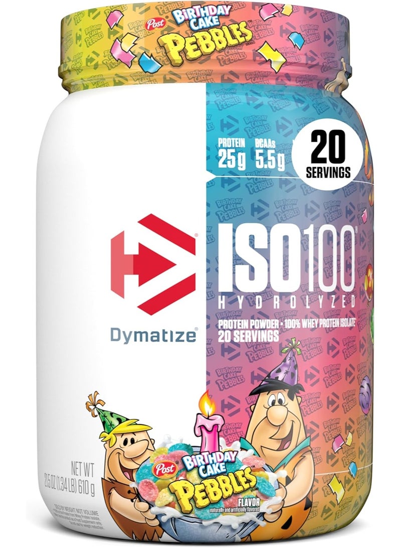 Dymatize ISO 100 Whey Protein Powder with 25g of Hydrolyzed 100% Whey Isolate, Gluten Free, Fast Digesting, Birthday Cake Pebbles, 20 Servings - Image 1