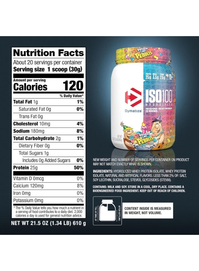 Dymatize ISO 100 Whey Protein Powder with 25g of Hydrolyzed 100% Whey Isolate, Gluten Free, Fast Digesting, Birthday Cake Pebbles, 20 Servings - Image 5
