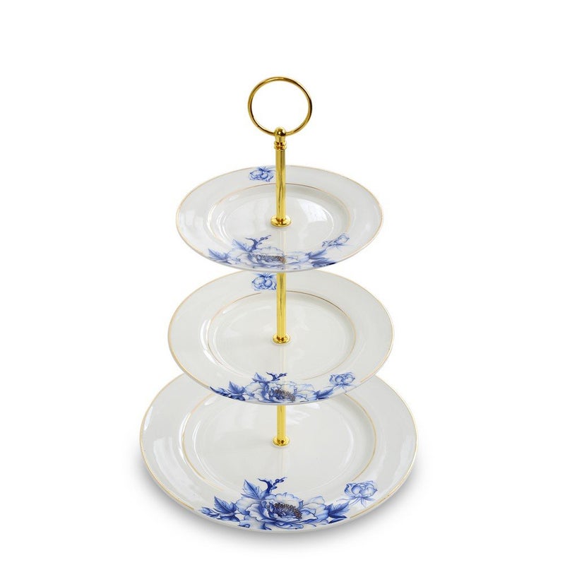 Porlien Gold Trimmed Blue Floral 3 Tier Cake Stand Dessert Stand Cupcake Stand