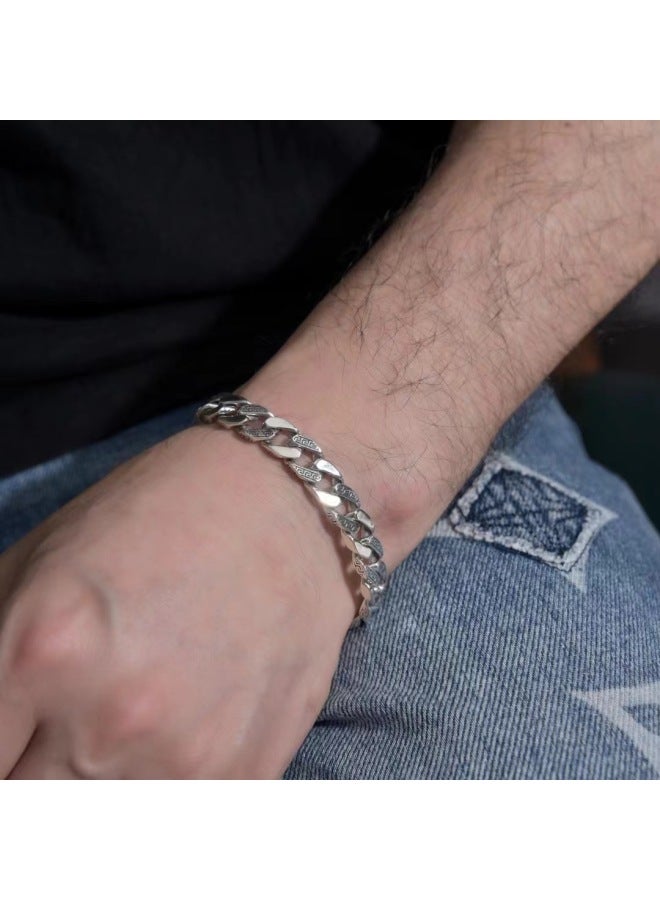 Men's Vintage Greek Key Cuban Link Bracelet, Silver Plated Copper Square Clasp Punk Bangle, Trendy Daily & Party Fashion Jewelry for Men-22cm - Image 5