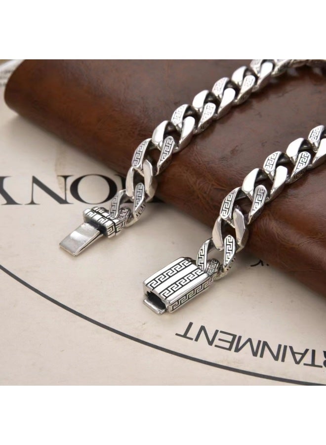 Men's Vintage Greek Key Cuban Link Bracelet, Silver Plated Copper Square Clasp Punk Bangle, Trendy Daily & Party Fashion Jewelry for Men-22cm - Image 4