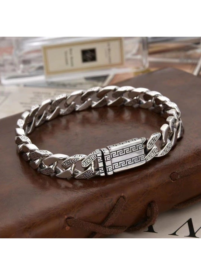 Men's Vintage Greek Key Cuban Link Bracelet, Silver Plated Copper Square Clasp Punk Bangle, Trendy Daily & Party Fashion Jewelry for Men-22cm - Image 2