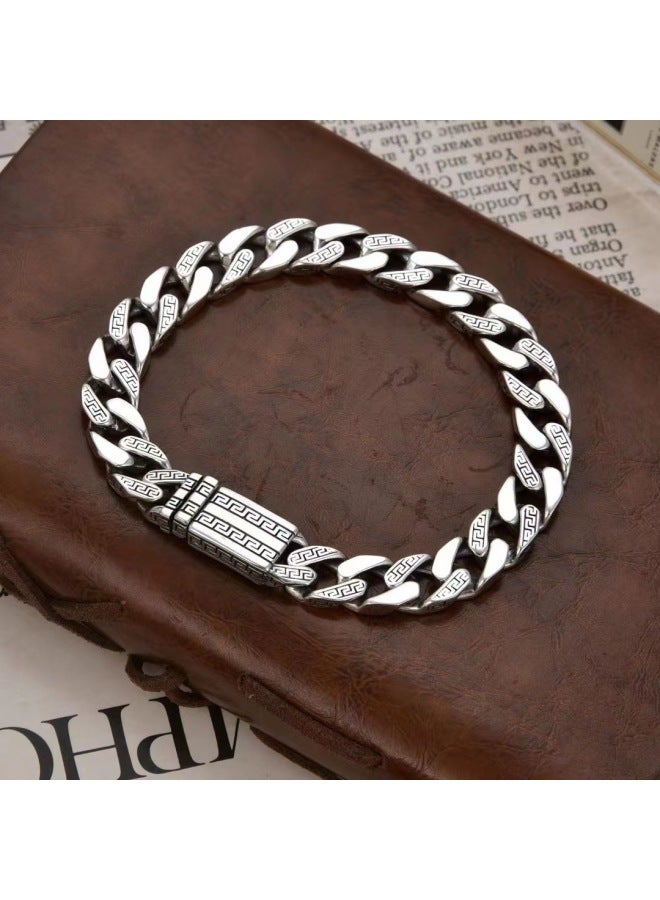 Men's Vintage Greek Key Cuban Link Bracelet, Silver Plated Copper Square Clasp Punk Bangle, Trendy Daily & Party Fashion Jewelry for Men-22cm - Image 3