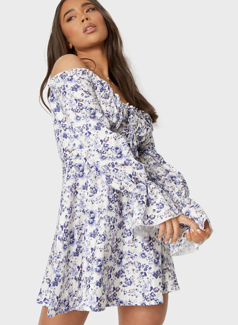 Missguided Bardot Floral Print Mini Dress