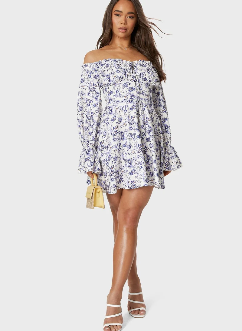 Missguided Bardot Floral Print Mini Dress