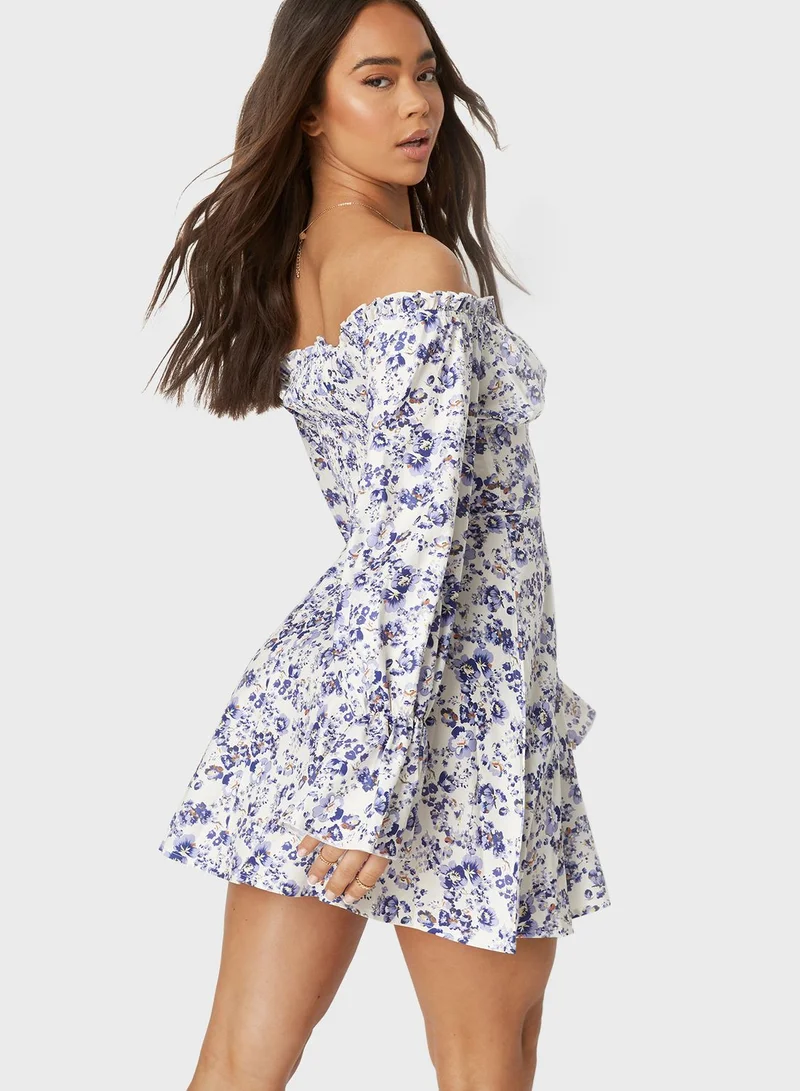Missguided Bardot Floral Print Mini Dress