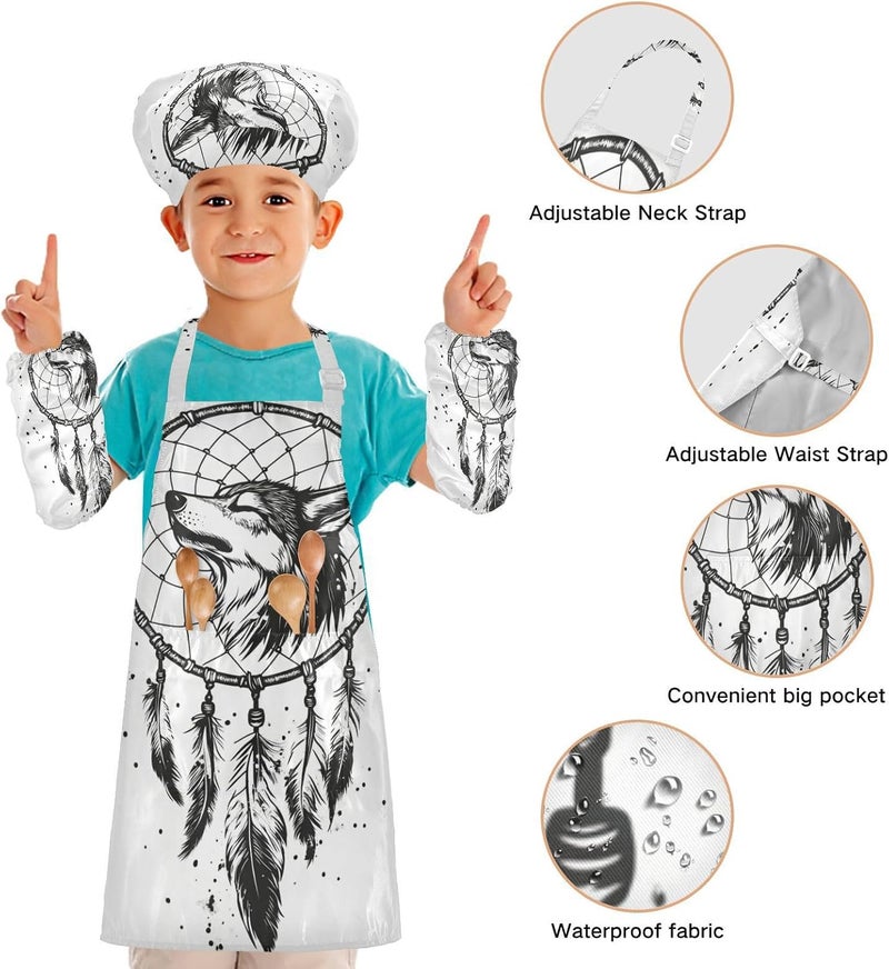 kids Apron Chef Hat Set Adorable Dream Catchers Tribal Wolf White Kids Cooking Apron with Pockets for Kids Gifts 3-12 - Image 4