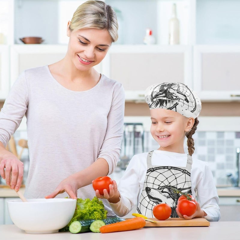 kids Apron Chef Hat Set Adorable Dream Catchers Tribal Wolf White Kids Cooking Apron with Pockets for Kids Gifts 3-12 - Image 5