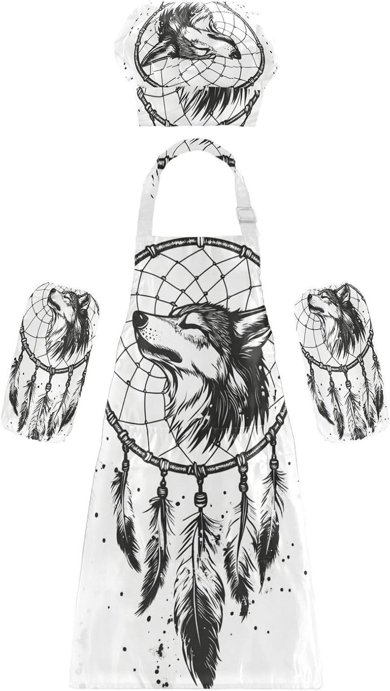 kids Apron Chef Hat Set Adorable Dream Catchers Tribal Wolf White Kids Cooking Apron with Pockets for Kids Gifts 3-12 - Image 1