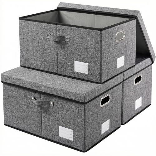 PRANDOM Storage Bins with Lids [3-Pack] Linen Fabric Foldable Storage Boxes Organizer Containers Baskets Cube with Cover for Bedroom Closet Office Grey(23.4X15.9X11.4) - Image 1