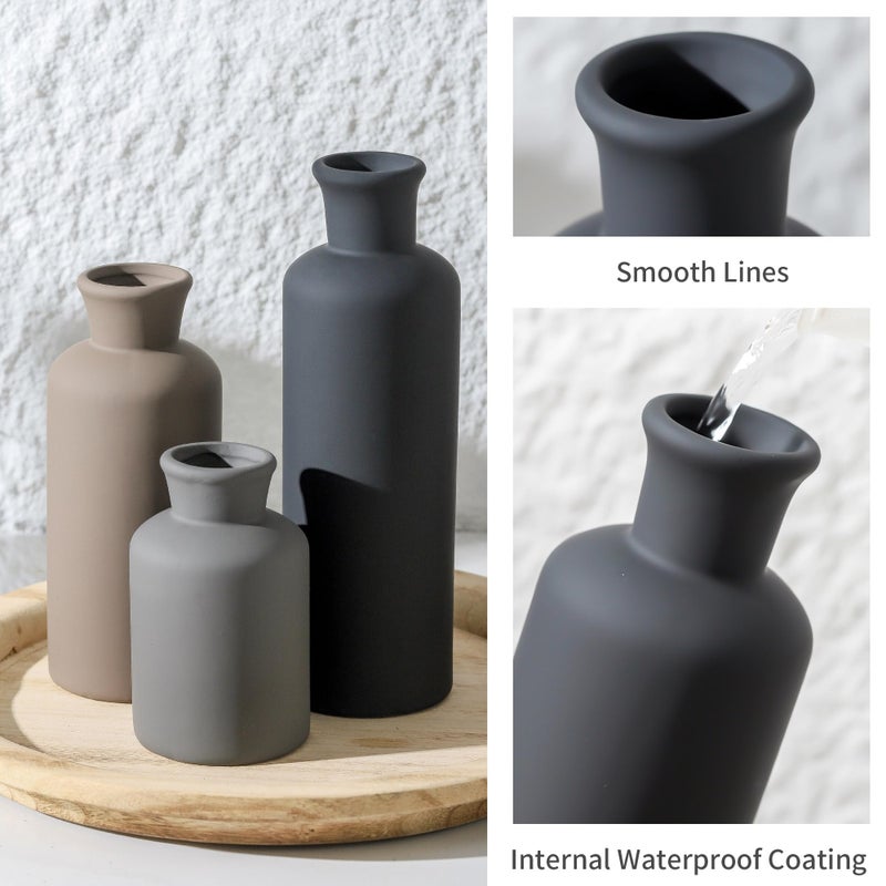 ooit Ceramic Vase Set of 3, Neutral Vases Home Decor Rustic Farmhouse Decor Vase Terra Cotta Pottery Vases for Bouquet Pampas Grass Dried Fresh Flowers Living Room Kitchen Bedroom Bathroom - Multicolor - Image 5