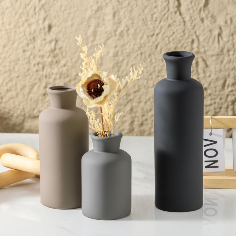ooit Ceramic Vase Set of 3, Neutral Vases Home Decor Rustic Farmhouse Decor Vase Terra Cotta Pottery Vases for Bouquet Pampas Grass Dried Fresh Flowers Living Room Kitchen Bedroom Bathroom - Multicolor - Image 2