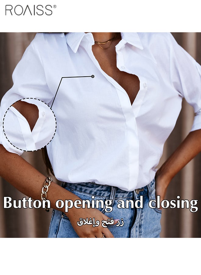 roaiss Women's Casual Classic Loose Shirt Solid Color Lapel Button Top Adjustable Sleeves Versatile Shirt  - Image 3