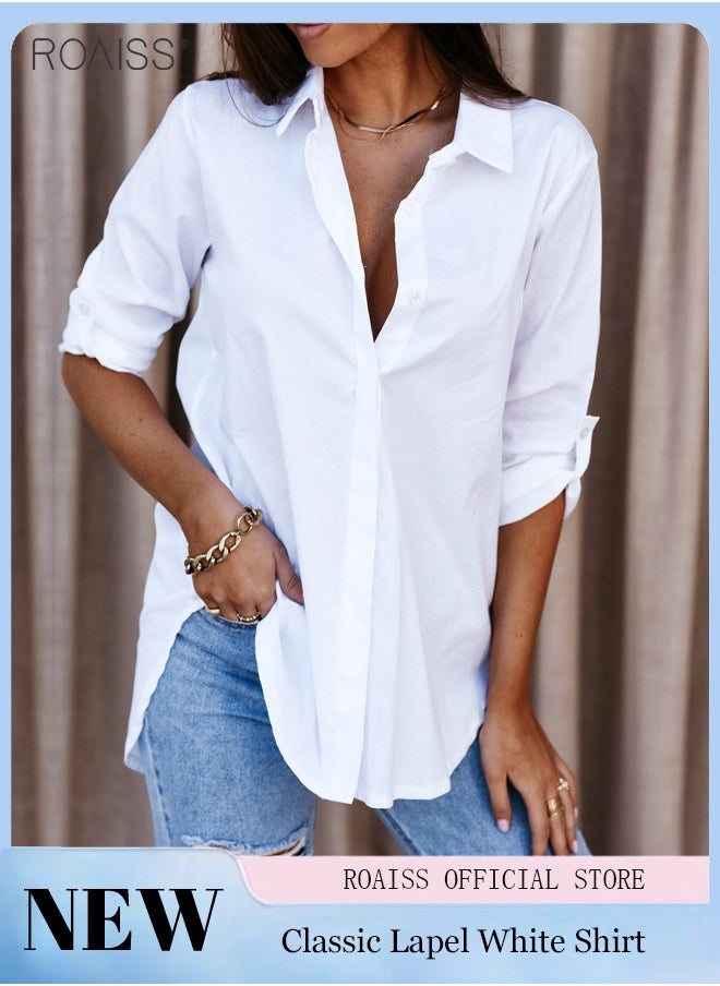 roaiss Women's Casual Classic Loose Shirt Solid Color Lapel Button Top Adjustable Sleeves Versatile Shirt  - Image 1