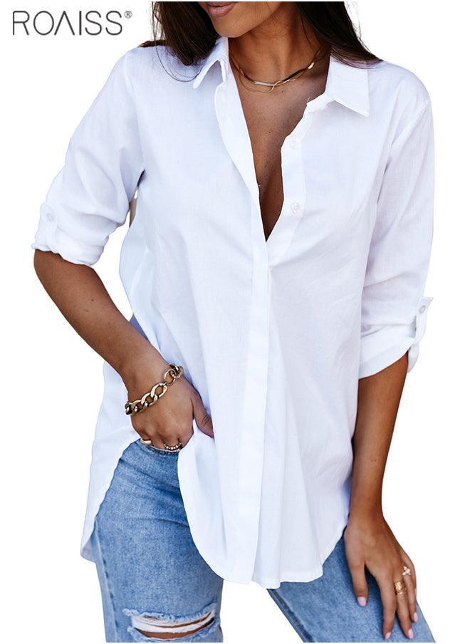 roaiss Women's Casual Classic Loose Shirt Solid Color Lapel Button Top Adjustable Sleeves Versatile Shirt  - Image 5