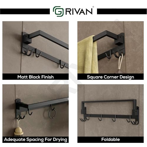 GRIVAN Stylish Stainless Steel 24 Inch Foldable Towel Rod/Shelf/Stand for Bathroom, Towel Holder with Hooks and Hanger (Silver Chrome Finish) - Image 4