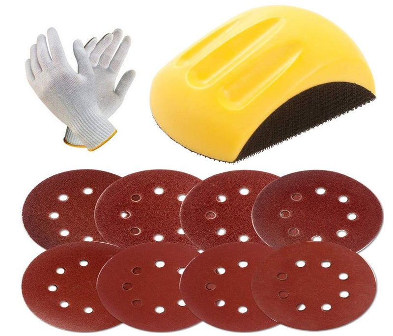 Digital Craft Digital Craft Handing Disc Holder Sandpaper Backing Polishing Pad Hand Grinding Block Hand Sanding Block 150mm 8Pc Holes Sandpaper Sanding Disc Sanding Paper with Hand Gloves  - Image 1