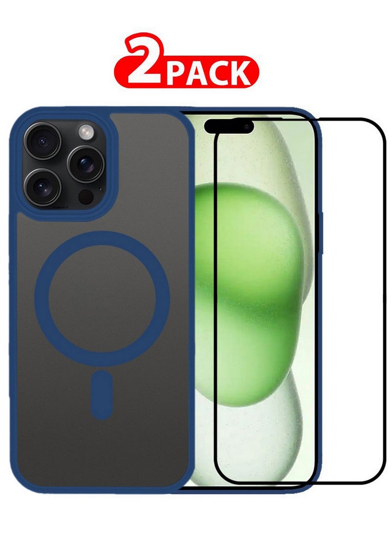 CATANES 2 Pieces Magnetic Slim Protective Case for iPhone 15 Pro Max - with Wireless Charging Support with 3D Screen Protector - Blue - Image 1