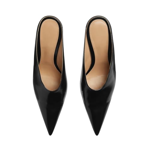 Vertundy Women's Metallic High Heeled Mules Wedge Heels Pointed Toe Backless Slide Pumps Slip On Dress Patent Leather Mule Ladies Black Gold - Image 3
