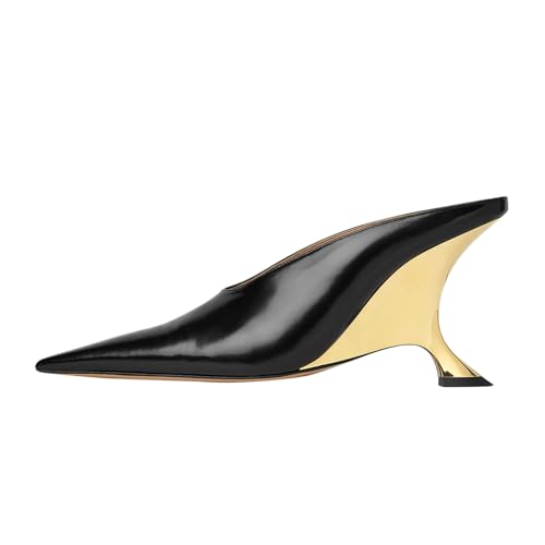 Vertundy Women's Metallic High Heeled Mules Wedge Heels Pointed Toe Backless Slide Pumps Slip On Dress Patent Leather Mule Ladies Black Gold - Image 1