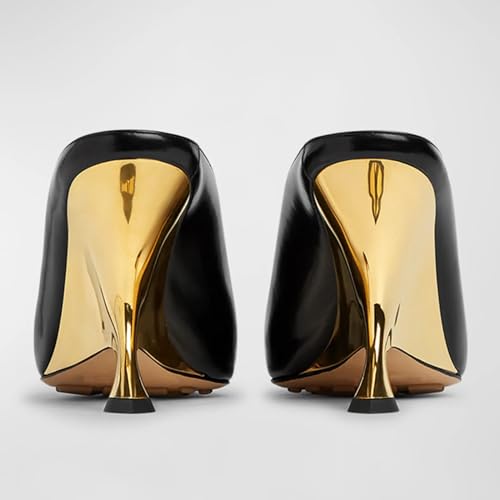 Vertundy Women's Metallic High Heeled Mules Wedge Heels Pointed Toe Backless Slide Pumps Slip On Dress Patent Leather Mule Ladies Black Gold - Image 2