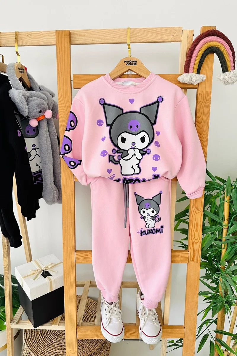 Miniğimin Cicileri My Little One's Cicileri Red Printed Single Sleeve Patterned Girl's 2-piece Set - Pink