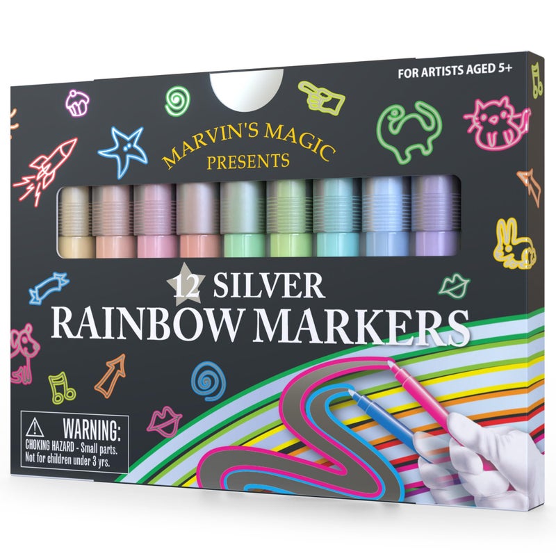 Marvin's Magic Amazing Silver Rainbow Markers - 12 Children's Drawing Markers - Ideal for Kids' Art Projects - Create Shimmering and Colorful Artwork - Image 1