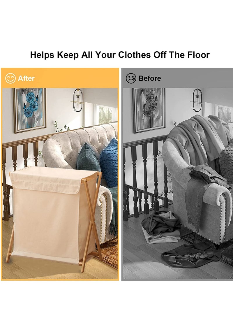 MIXDE Bamboo Laundry Hamper with Lid, Portable and Collapsible Folding Clothes Laundry Basket Storage Wooden Frame, Folding Clothes Basket Storage Bamboo Laundry Organizer Cabinet - Image 3